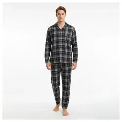 emeco Pyjama Herren Pyjama Baumwolle Schlafanzug lang Hausanzug kariert Nachtanzug schwarz XXL