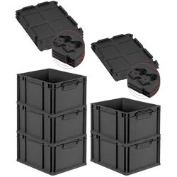 PROREGAL SuperSparSet 5x Eurobox NextGen Color mit Scharnierdeckel & Verschlüssen, HxBxT 22x30x40cm, 20L, Schwarz, Griffe schwarz zu, Eurobehälter