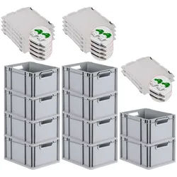 PROREGAL 10x Eurobox NextGen Grip mit Scharnierdeckel & grünen Verschlüssen | HxBxT 22x30x40cm | 20 Liter | Griffe offen | Glatter Boden