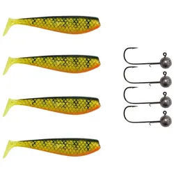 Pamchion Kunstköder 4x Fox Rage Zander Pro Shad + 4x Pamchion Jigköpfe / Jighaken Set, (8-St) 12g | 14 cm