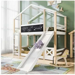 OKWISH Etagenbett Baumhaus-Hochbett mit integrierter Rutsche & Kletterleiter (Hausbett, 1-St., Ohne Matratze – der perfekte Abenteuer-Spielplatz im Kinderzimmer), 90x200 cm, mit Fallschutz für sicheres Spielen und Schlafen