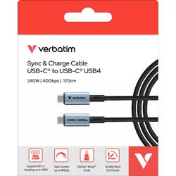 Verbatim Ladekabel, USB-C/USB-C, 1.2m, schwarz Sync&Charge, 240W, 40GBit/s, Retail
