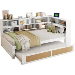 Okwish Multifunktionsbett 90/200 cm mit Ausziehbett und Stauraum in Weiß , Holz , Schlafzimmer, Betten