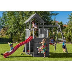 FUNGOO Spielturm CAROL 3 GREY, mit Schaukel & Rutsche, Kletterwand, Kletterfalle rot