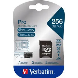 Verbatim microSDXC-Card 256GB, PRO, U3, UHS-I, 4K UHD (R) 100MB/s, (W) 90MB/s, SD Adapter, Retail-Blister