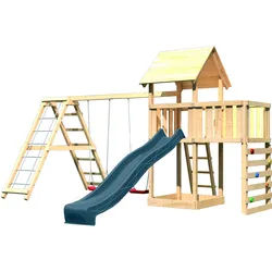 Akubi Kinderspielturm Lotti mit Satteldach inkl. Wellenrutsche anthrazit, Doppelschaukelanbau, Klettergerüst, Anbauplattform und Kletterwand