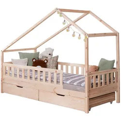 Mid.you Hausbett , Naturfarben , Textil , Birke,Kiefer , Schichtholz,massiv , H2 , Höhe ca. 12 cm , 100x200 cm , nur für Rollroste geeignet, bodentiefer Einstieg , Babymöbel & Kindermöbel, Kinderzimmer & Jugendzimmer, Kinderbetten, Spielbetten