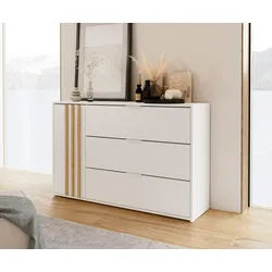 Raumhirsch Furniture Kommode Sideboard, Wohnschrank, Anrichte, praktisch Schrank (Maße: 125 x 79,8 x 35 cm, Einfache Montage, stabile Konstruktion), 1 Tür, 3 Schubladen, viel Stauraum, Lamellen in Artisan weiß