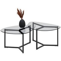 home24 Couchtischset , Grau , Metall, Glas , 2-teilig , oval , Flachrohr , 59x36.5-40x82.5 cm , Wohnzimmer, Wohnzimmertische, Couchtische, Couchtische rund