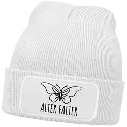 MoonWorks Strickmütze Damen Beanie Patch Wortspiel Alter Falter Strickmütze mit Spruch weiß