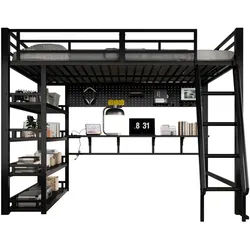 Okwish Hochbett 140/200 cm schwarz aus Eisen und Spanplatte mit Ablagen und Ladeanschluss , Schwarz , Metall , 140x200 cm , Babymöbel & Kindermöbel, Kinderzimmer & Jugendzimmer, Kinderbetten, Hochbetten