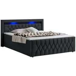 Juskys Boxspringbett Leona Samt 140x200 cm in Schwarz – mit LEDs, Topper & H4-Federkern-Matratzen