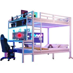 Okwish Etagenbett 140/200 cm Weiß mit Schreibtisch und LED-Beleuchtung mit USB-Anschluss aus Metall , 140x200 cm , Babymöbel & Kindermöbel, Kinderzimmer & Jugendzimmer, Stockbetten