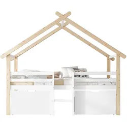 Okwish Hausbett 90/200 cm mit Dach und Stauraum in Weiß und Natur aus Kiefer + Mdf , Holzwerkstoff , 90x200 cm , Babymöbel & Kindermöbel, Kinderzimmer & Jugendzimmer, Kinderbetten, Spielbetten
