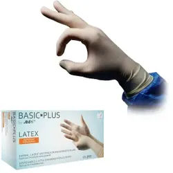 BASIC-PLUS Latexhandschuhe, gepudert, weiß, Unsterile Einmalhandschuhe mit hohem Tastempfinden, 1 Karton = 10 Packungen à 100 Stück, Größe XS