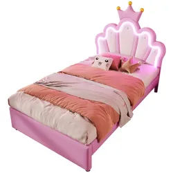 Okwish Polsterbett 90/200 cm Pink mit LED-Beleuchtung mit Stauraum aus Pu , Rosa , Kunststoff , 90x200 cm , Babymöbel & Kindermöbel, Kinderzimmer & Jugendzimmer, Kinderbetten
