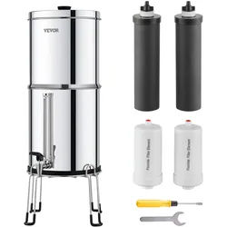 VEVOR Schwerkraft Wasserfiltersystem Edelstahl Arbeitsplattensystem 7+7,5L Wasserfiltrationssystem, reduziert Blei und bis zu 99 % Chlor, mit 2 Aktivkohlefiltern & 2 Entfluorierungsfiltern & Zapfhahn