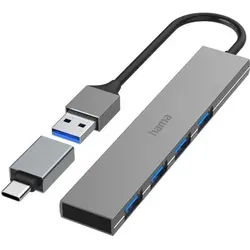 Hama USB-Hub, 4 Ports, USB 3.2 Gen1, 5 Gbit/s, Ultra Slim, inkl. USB-C-Adapter