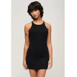 Superdry für Damen. W8011595A Schwarzes geripptes, besticktes Kleid mit olympischem Rücken (M), Lässig, Ärmellos / Hosenträger, Bio-Baumwoll