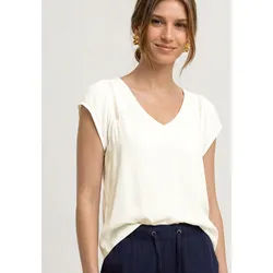 Shirtbluse STREET ONE, Damen, Gr. 42, weiß (sanftes weiß), Stoff, 100% Viskose, unifarben, normal normal, V-Ausschnitt, Rüschen, Blusen, aus softer Viskose