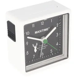Quartz Wecker weiss mit Licht, mit schwarzem Ziffernblatt, mit Batterie, Made in Germany, Made in Black Forest