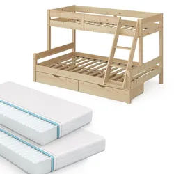 VitaliSpa Etagenbett Everest Naturholz 120x200 / 80x200 cm mit 2 Matratzen und 2 Schubkästen , Naturfarben , Holz , Rechteckig , 120x200 cm , Babymöbel & Kindermöbel, Kinderzimmer & Jugendzimmer, Kinderbetten