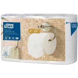 Tork Kleinrollen Toilettenpapier T4 Premium, 4-lagig, weiß, Perforiert & mit Dekoprägung, extra weich & voluminös, 1 Packung = 6 Rollen, 1 Rolle = 150 Blatt