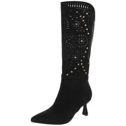 Ital-Design Kniehohe Stiefel mit Aussparungen und Absatz für Damen Sommerboots (91261232) Pfennig-/Stilettoabsatz Stiefel in Schwarz schwarz 36 EU