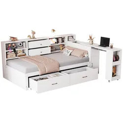 Okwish Bett Holz 90/200 cm mit ausziehbarem Schreibtisch und Stauraum Weiß , 90x200 cm , Schlafzimmer, Betten
