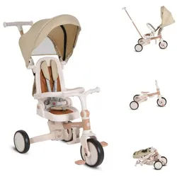 Byox Dreirad Tricycle Compacto 4 in 1, Schiebegriff klappbar Gurt umbaubar EVA beige