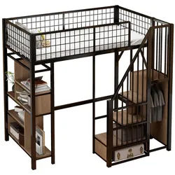 Okwish Hochbett 90/200 cm schwarz mit Stauraumtreppe und Ablageflächen , Schwarz , Metall , 90x200 cm , Babymöbel & Kindermöbel, Kinderzimmer & Jugendzimmer, Kinderbetten, Hochbetten