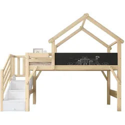 Okwish Etagenbett 90/200 cm Weiß mit Graffiti-Tafel und Stauraumtreppe aus Kiefer und Mdf , Holzwerkstoff , 90x200 cm , Babymöbel & Kindermöbel, Kinderzimmer & Jugendzimmer, Stockbetten