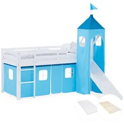 Homestyle4u Hochbett 90/200 cm in Weiß und Blau mit Rutsche+Matratze+Lattenrost , Blau, Weiß , Textil , Kiefer , 90x200 cm , Babymöbel & Kindermöbel, Kinderzimmer & Jugendzimmer, Kinderbetten, Hochbetten