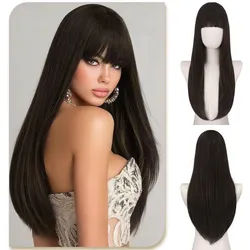 LuxusKollektion Kunsthaarperücke Perücke synthetisch 60cm Pony Damen Cosplay Braun mit Strähnchen