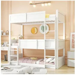 STILVORA Etagenbett 90×200 Kinderbett mit Matratze,Hochbett mit Massivholzlatten und Zaun (mit hohem Zaundesign, wandelbar in Einzel- und Etagenbett, 90 x 200 cm), mit Matratze weiß