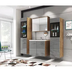 Badmöbel-Set 5-tlg. Madrit mit LED ca. 140 cm Grau/Eiche