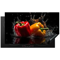 MuchoWow Herd-Abdeckplatte Paprika - Wasser - Schwarz - Gemüse - Rot - Gelb, Vinyl, (1 tlg), Kochfeld Abdeckung Ceranfeld, Induktionsschutzmatte, 91.2x52 cm 91.2 cm x 52 cm x 0.2 cm