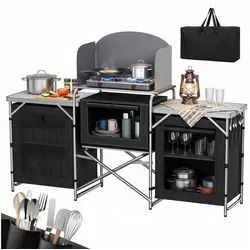 Sekey Campingtisch Klappbar Campingschrank XXL Faltbar Campingküche mit Aluminiumgestell, inkl. Windschutz und Tragetasche, mit Arbeitsplatte und 5 Staufächern schwarz