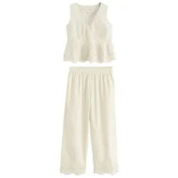 LAURA ASHLEY Pyjama Laura Ashley Schlafanzug mit Stickerei (2 tlg) beige 52 (GB: 24)