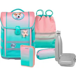 Schulranzen MCNEILL "Perfecto, Gradient Strawberry", Kinder, Gr. B/H/T: 30cm x 38,5cm, rot (strawberry), Polyester, Rucksäcke, inkl. Federmäppchen, Turnbeutel, Schlamperrolle & Motivmagnet