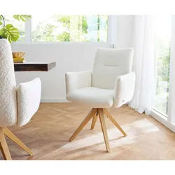 Drehstuhl Jova-Flex mit Armlehnen Bouclé Weiß Holzgestell kantig Natur 180° drehbar Taschenfederkern