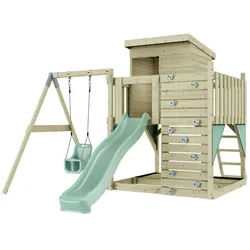 OutdoorToys Spielturm Alma, aus Holz in Mintgrün mit Babyschaukel & Rutsche, Kletterwand grün