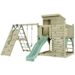 OutdoorToys Spielturm Freja, aus Holz in Mintgrün mit Kinderschaukel & Rutsche, Kletterwand grün
