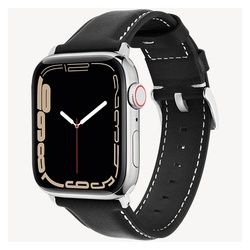 wiiuka Smartwatch-Armband tiime Armband aus Leder für die Apple Watch Serie 1-8, SE, Ultra, Handgefertigt - Deutsches Leder, Premium Qualität schwarz|silberfarben 41 / 40 mm