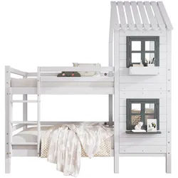 Okwish Etagenbett 90/200cm mit Handlauf und Fenster Weiß aus Kiefernholz , Holzwerkstoff , 90x200 cm , Babymöbel & Kindermöbel, Kinderzimmer & Jugendzimmer, Stockbetten