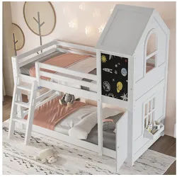 BlingBin Etagenbett Kinderbett Jugendbett Hochbett Massivholzbett (Mit Einerkleinen Tür und Einer Tafel, Schöne Fenster und Dach, Dreistufige Schrägleiter, 1-St., 90x200cm, Ohne Matratze, Belastbarkeit maximal: 120KG), Holzbett Stabile Lattenroste, Kiefer + MDF+PB+Sperrholz, Weiß weiß