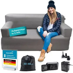 Skandika Luftsofa Easy Air Premium, Aufblasbares Sofa Outdoor, Tragetasche, (Bezug abnehmbar, Maschinenwäsche, Schonprogramm 30 °C, mit Tragetasche), 2 Personen, mit Elektropumpe, USB-C Ladekabel, 200 kg belastbar grau 78 cm x 165 cm x 78 cm