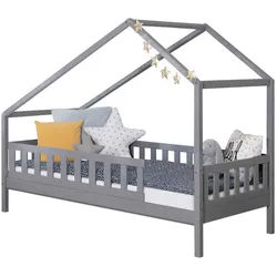 Mid.you Hausbett , Hellgrau , Textil , Birke,Kiefer , Schichtholz,massiv , H2 , Höhe ca. 16 cm , seitenverkehrt montierbar , 140x200 cm , transformierbar, nur für Rollroste geeignet, bodentiefer Einstieg , Babymöbel & Kindermöbel, Kinderzimmer & Jugendzimmer, Kinderbetten, Spielbetten
