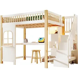 Okwish Hochbett 140/200 cm mit LED-Leuchten Fensterform Ablageleiter und Schreibtisch Weiß+Natur , Holz , 140x200 cm , Babymöbel & Kindermöbel, Kinderzimmer & Jugendzimmer, Kinderbetten, Hochbetten
