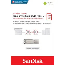 Sandisk USB 3.1 OTG Stick 32GB, Dual Drive Luxe Typ-A-C, (R) 150MB/s, Memory Zone, Retail-Blister